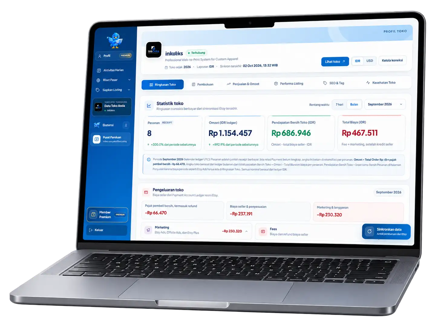 Tampilan dashboard Riset Listing pada perangkat laptop